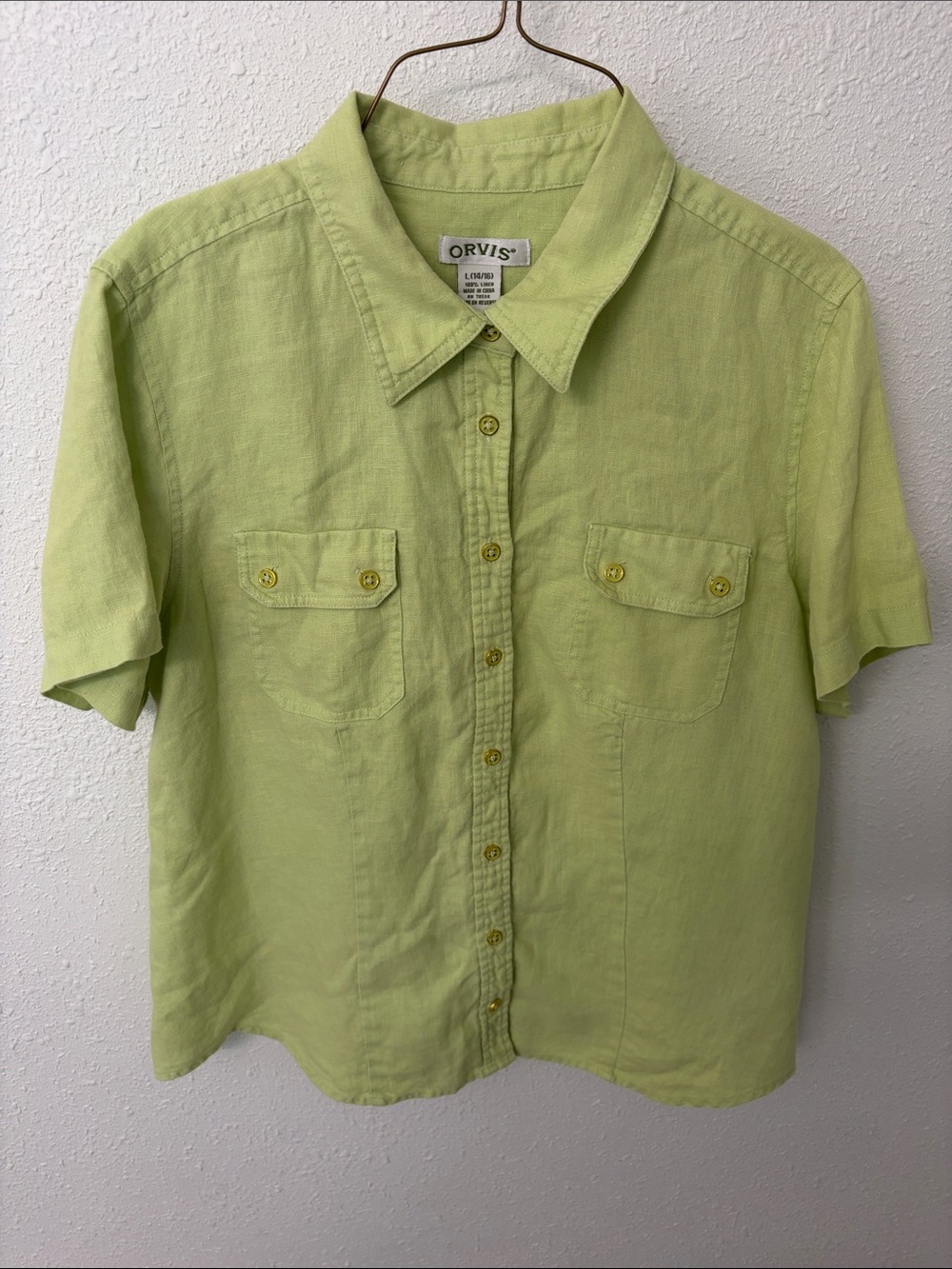 Orvis Pale Green Linen Short Sleeve Button-Front Shirt